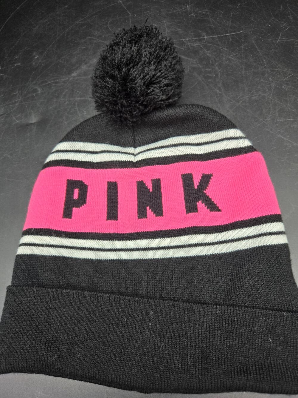 Victoria's Secret PINK Black Pink Pom Pom Knit Beanie Hat One Size Winter